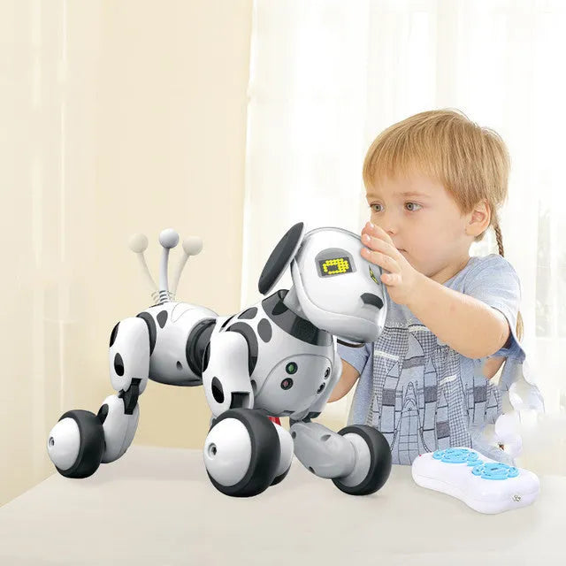 Electric remote control smart robot dog with touch sensing, singing, dancing features on a white background