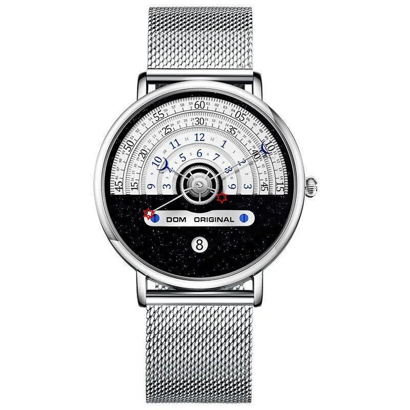 Men's silver sports watch with 40mm dial and stainless steel strap showing quartz movement display