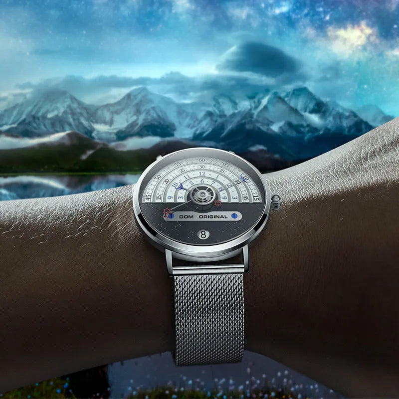 Men's silver sports watch with 40mm dial and stainless steel strap showing quartz movement display