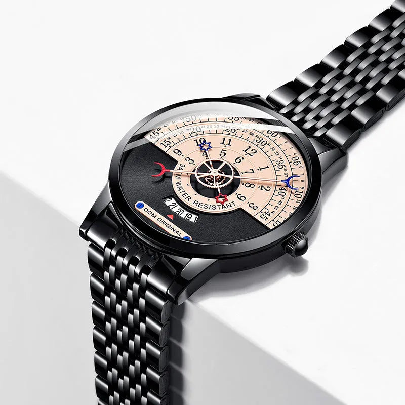 Men's silver sports watch with 40mm dial and stainless steel strap showing quartz movement display