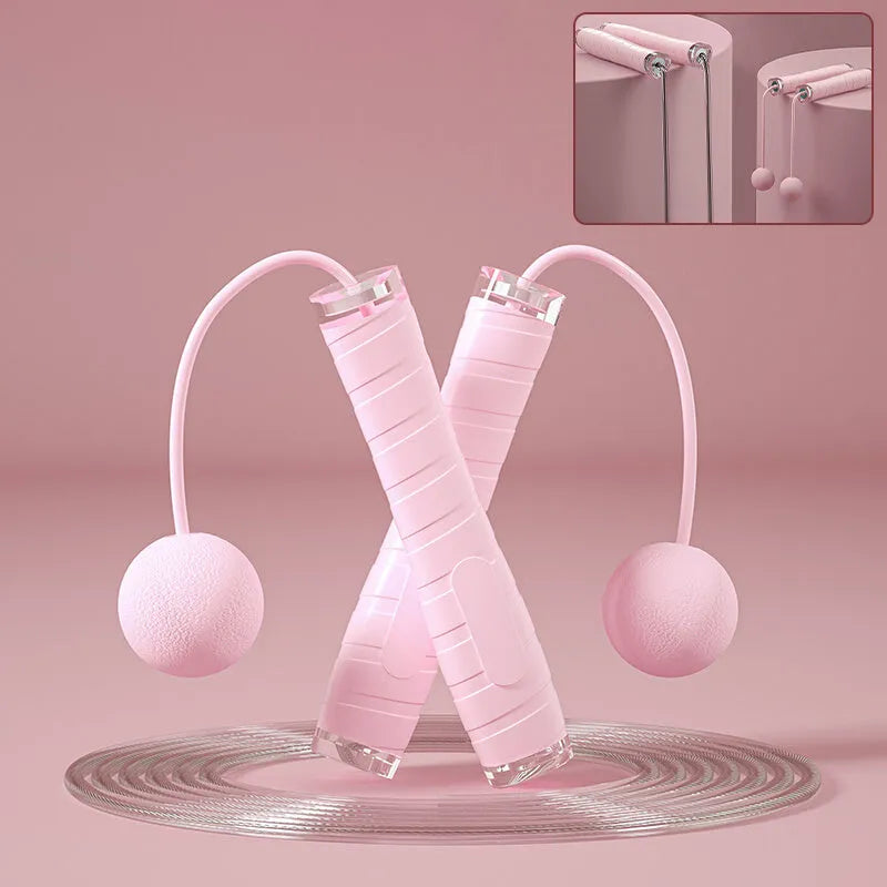 PU skipping rope with silicone handle in pink, blue, and black, shown with cordless ball option for indoor fitness training