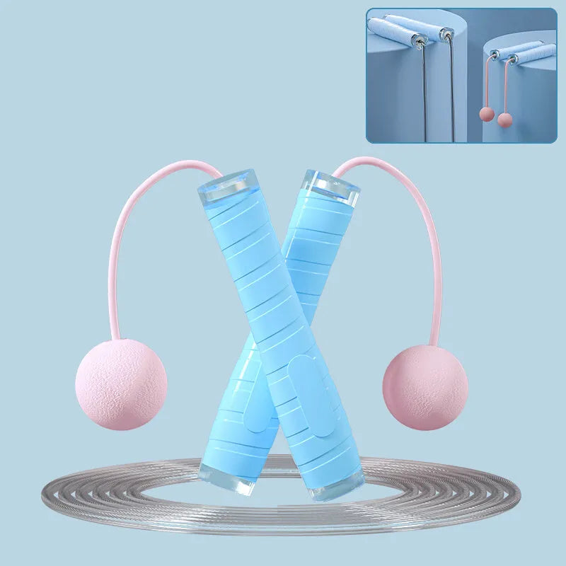 PU skipping rope with silicone handle in pink, blue, and black, shown with cordless ball option for indoor fitness training