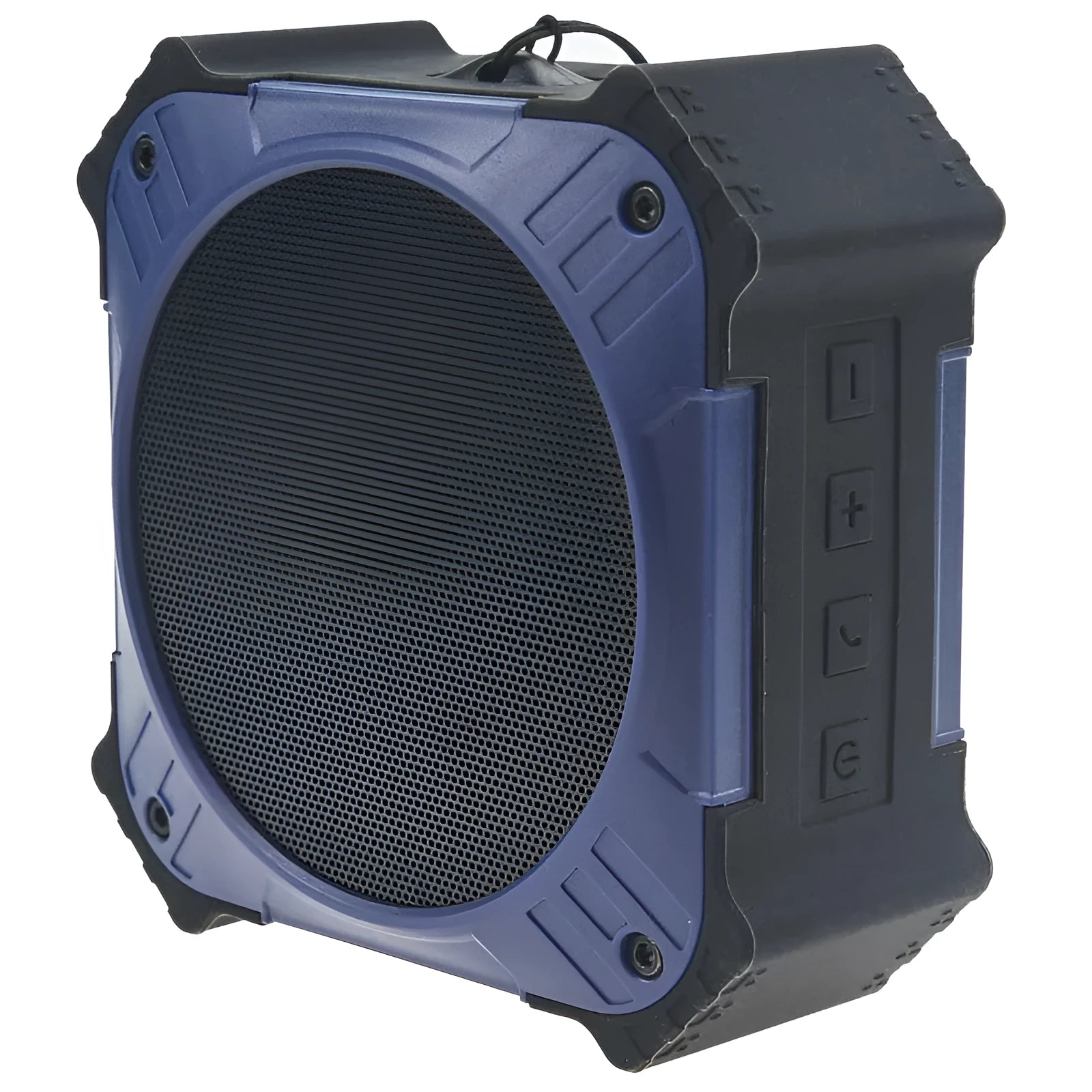 Waterproof portable Bluetooth speaker with wrist strap in black or blue colours showing compact design