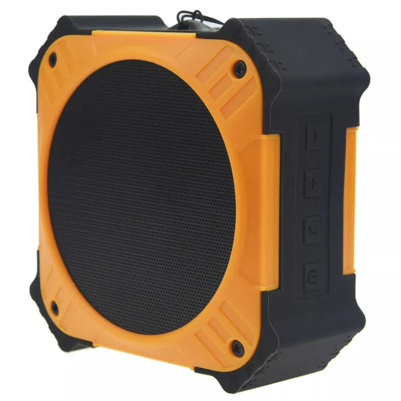 Waterproof portable Bluetooth speaker with wrist strap in black or blue colours showing compact design