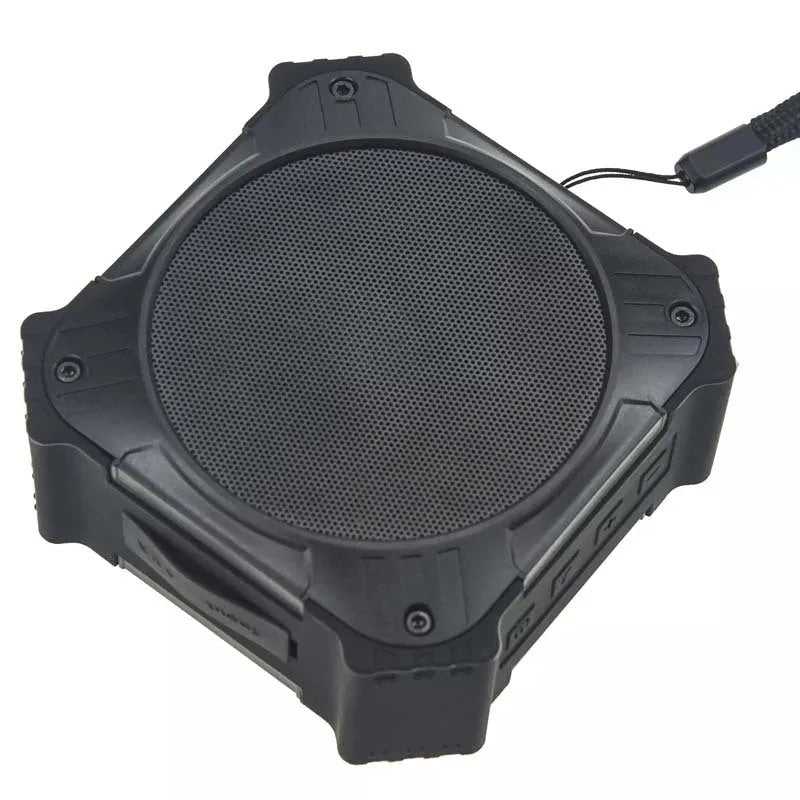 Waterproof portable Bluetooth speaker with wrist strap in black or blue colours showing compact design