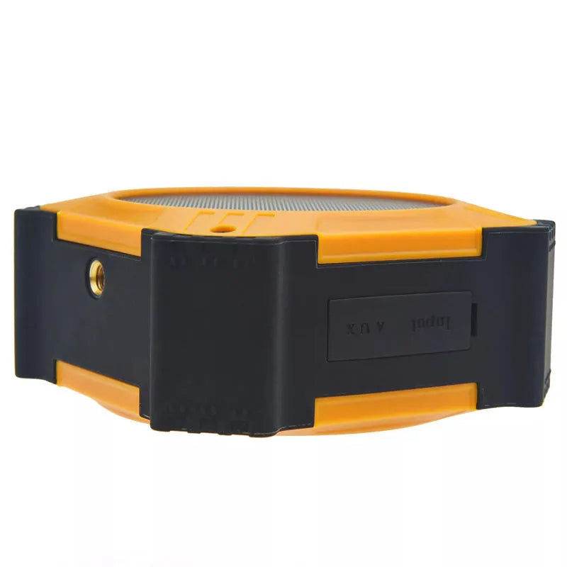 Waterproof portable Bluetooth speaker with wrist strap in black or blue colours showing compact design