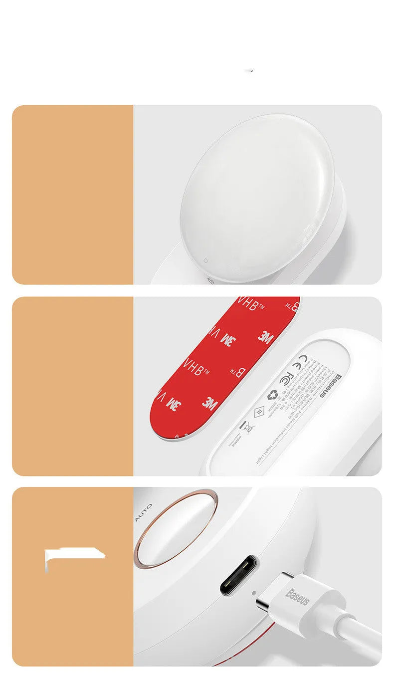 White Baseus rechargeable sensor night light with LED glow, shown on a surface.