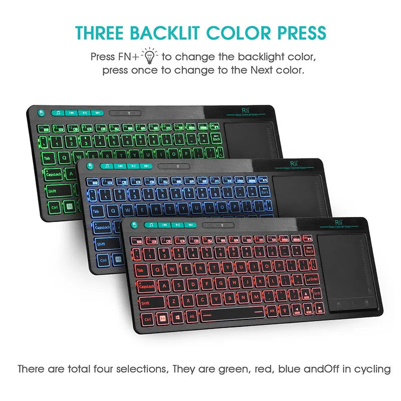 Black K18+ wireless multimedia keyboard with RGB backlighting and integrated touchpad