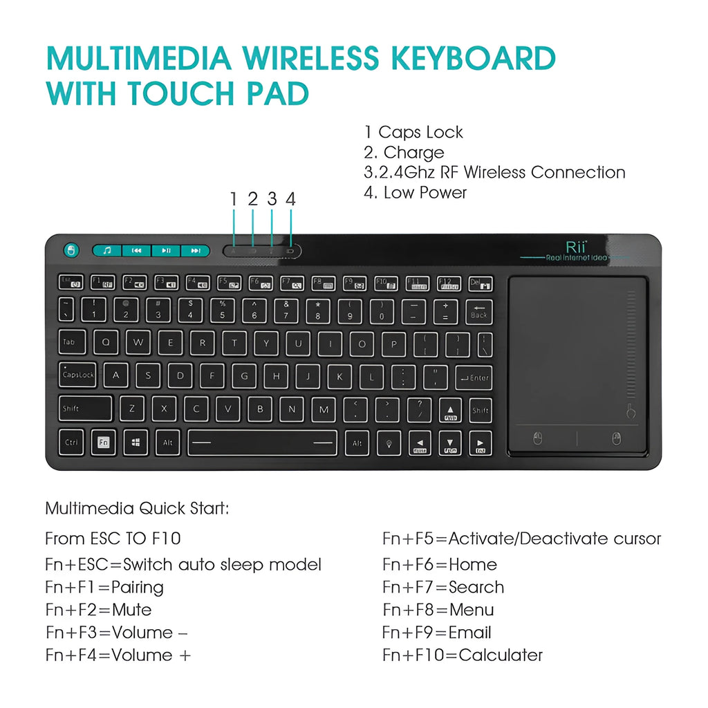 Black K18+ wireless multimedia keyboard with RGB backlighting and integrated touchpad