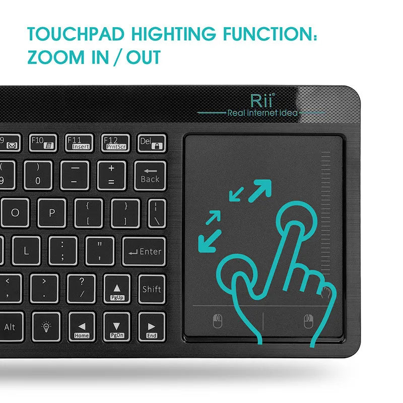 Black K18+ wireless multimedia keyboard with RGB backlighting and integrated touchpad