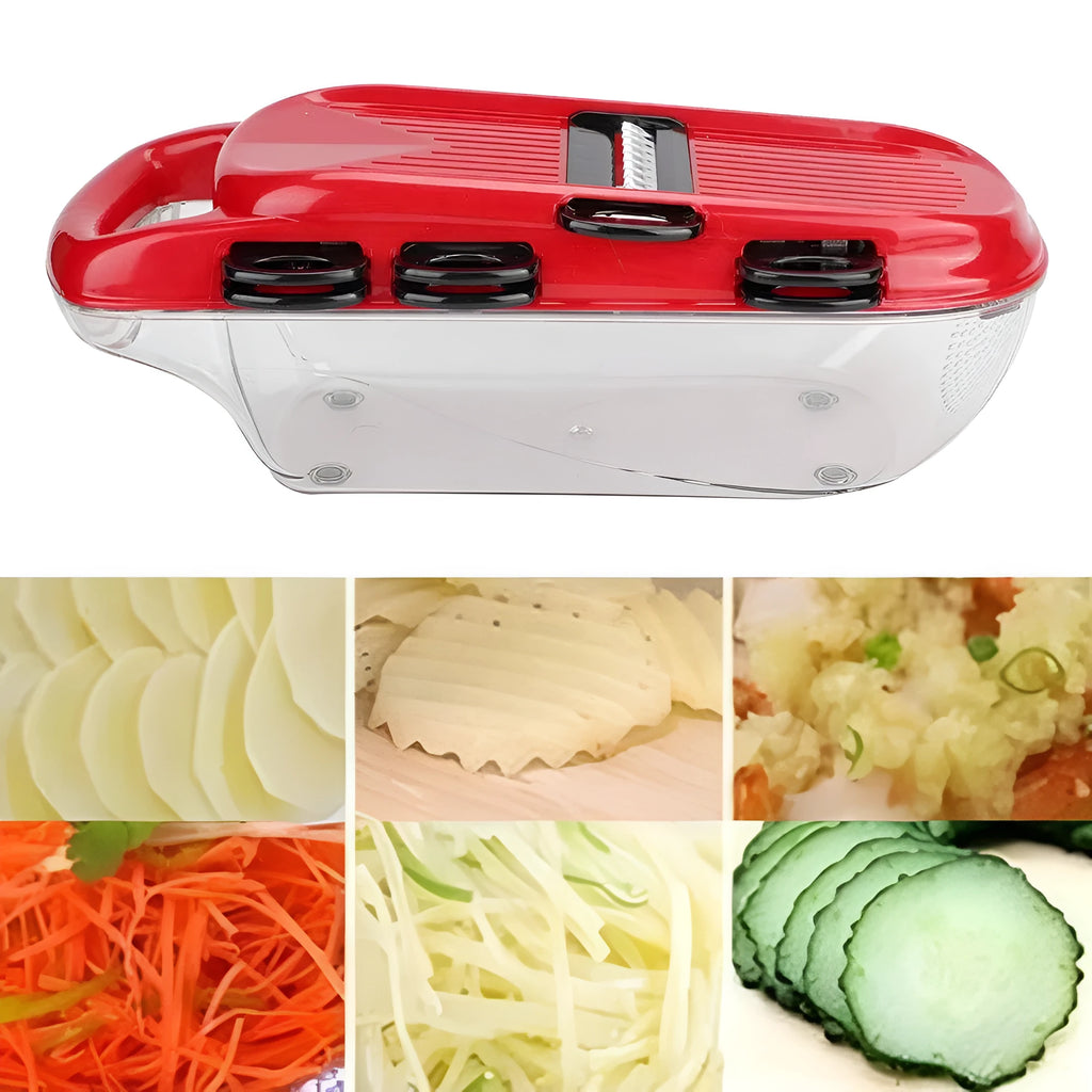 Red multi-function vegetable cutter set with stainless steel blades and hand guard