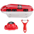 Red multi-function vegetable cutter set with stainless steel blades and hand guard