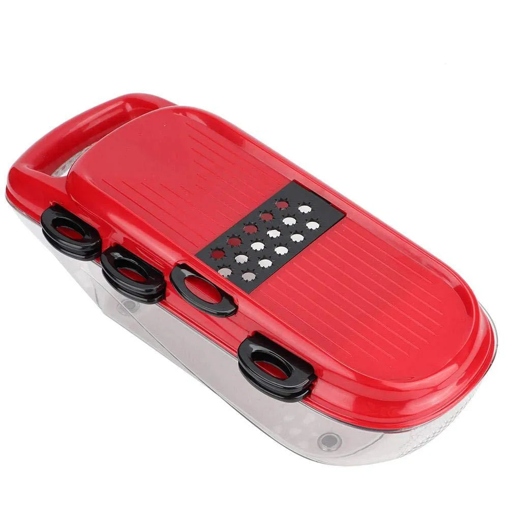 Red multi-function vegetable cutter set with stainless steel blades and hand guard