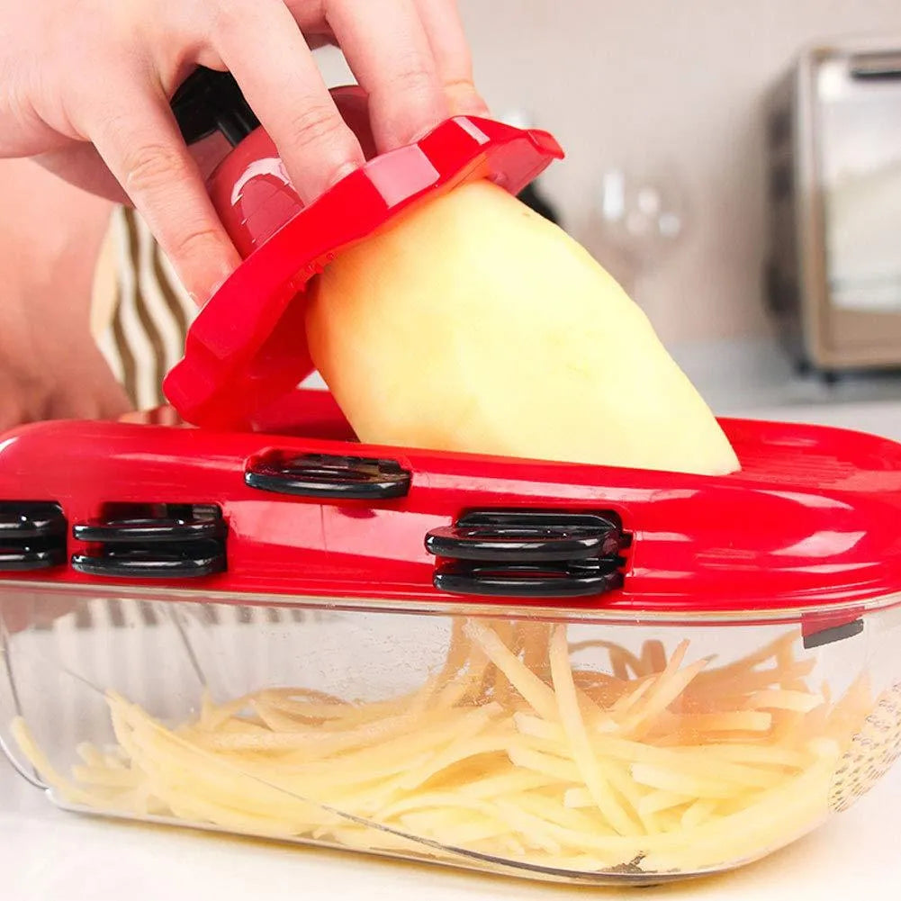 Red multi-function vegetable cutter set with stainless steel blades and hand guard