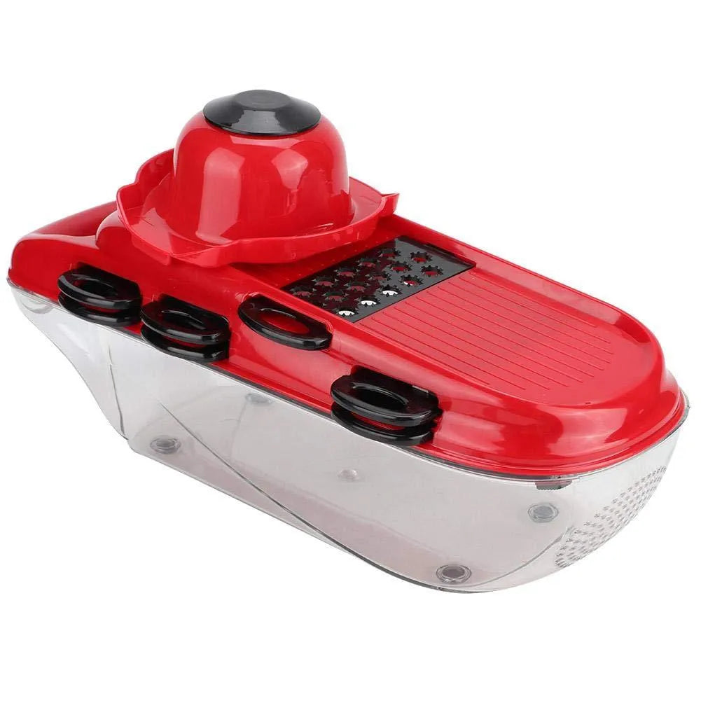 Red multi-function vegetable cutter set with stainless steel blades and hand guard