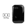 Black and white WiFi repeater booster with multiple plug types for UK, EU, US, and AU outlets.