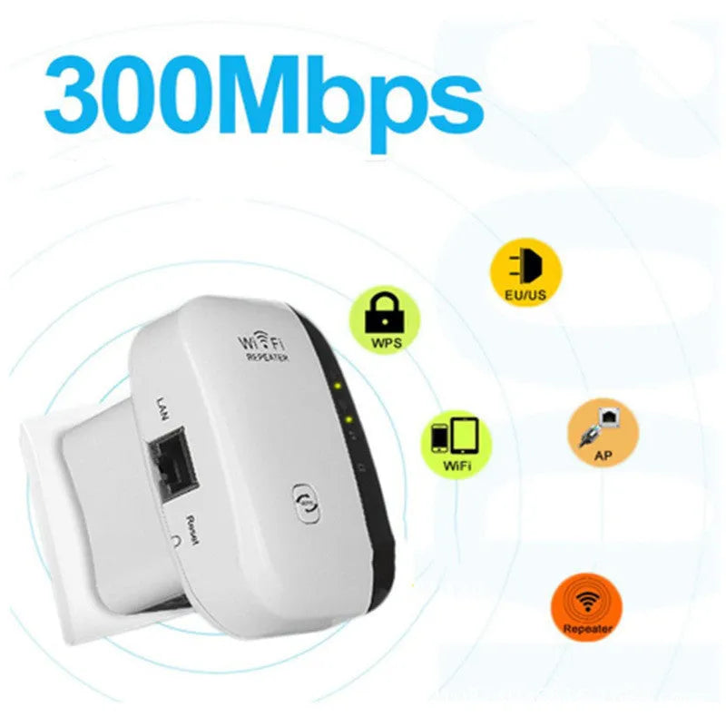 Black and white WiFi repeater booster with multiple plug types for UK, EU, US, and AU outlets.