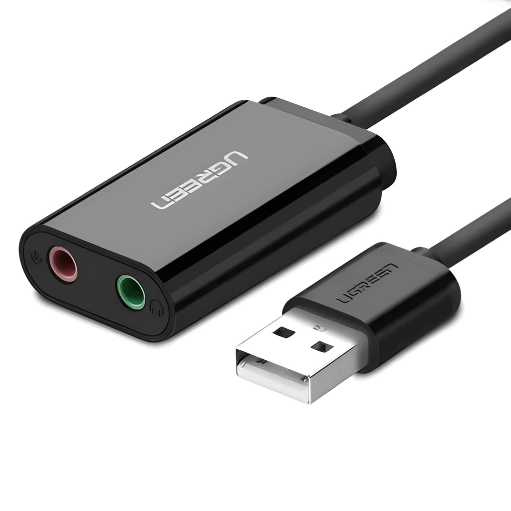 USB external sound card 3.5mm audio headphone converter with 15cm cord, black
