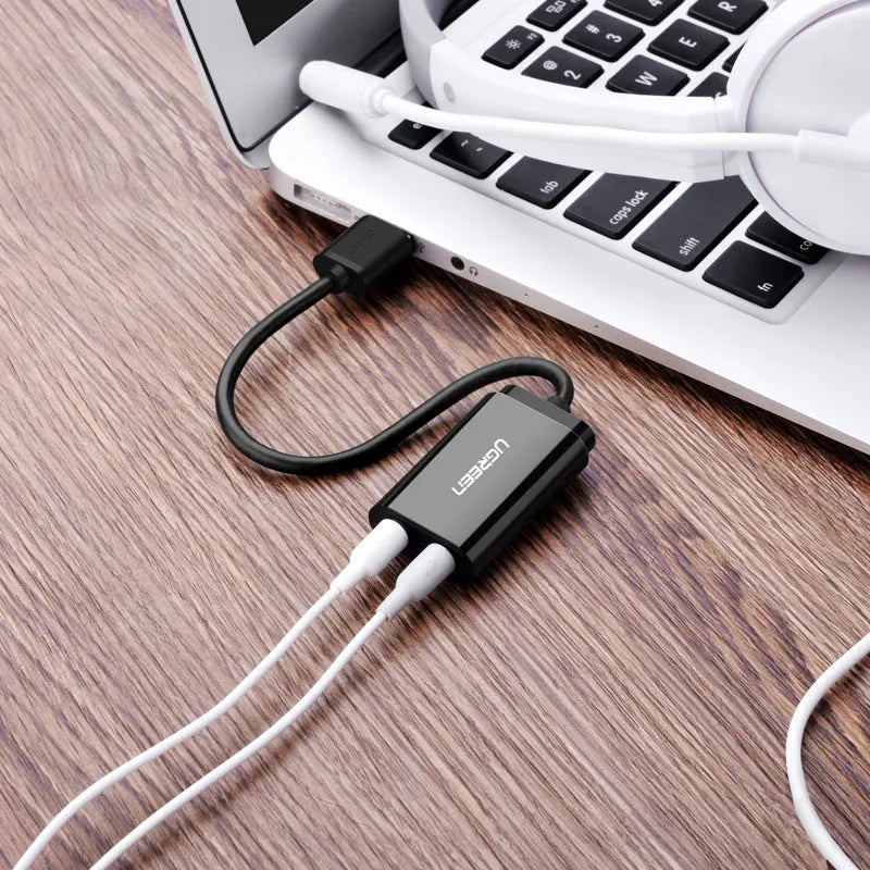 USB external sound card 3.5mm audio headphone converter with 15cm cord, black