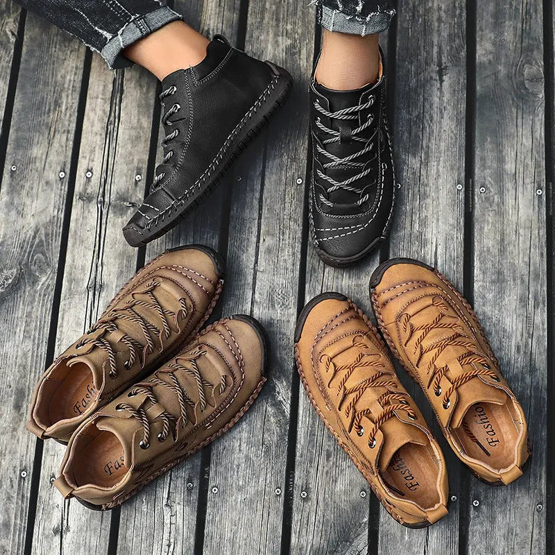 Casual hand-stitched cowhide leather Martin boots for men low-top tooling shoes in black, gold, khaki or green