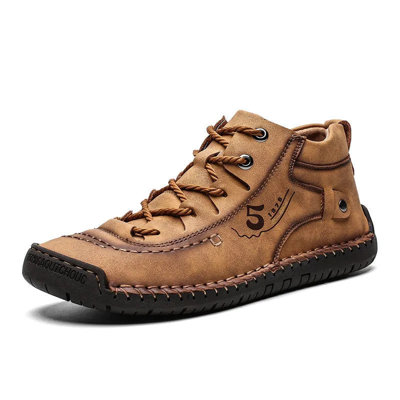Casual hand-stitched cowhide leather Martin boots for men low-top tooling shoes in black, gold, khaki or green