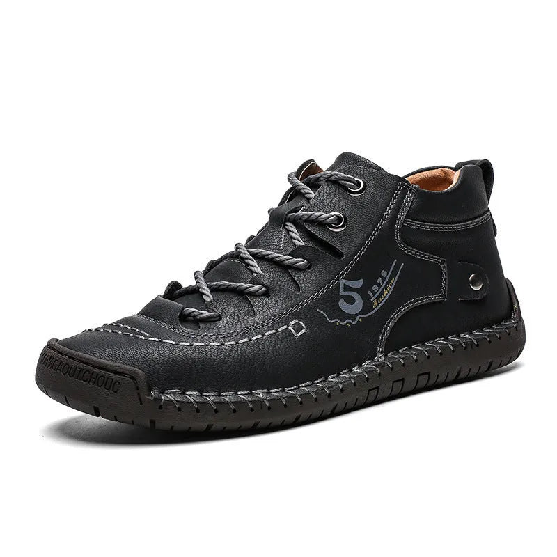 Casual hand-stitched cowhide leather Martin boots for men low-top tooling shoes in black, gold, khaki or green