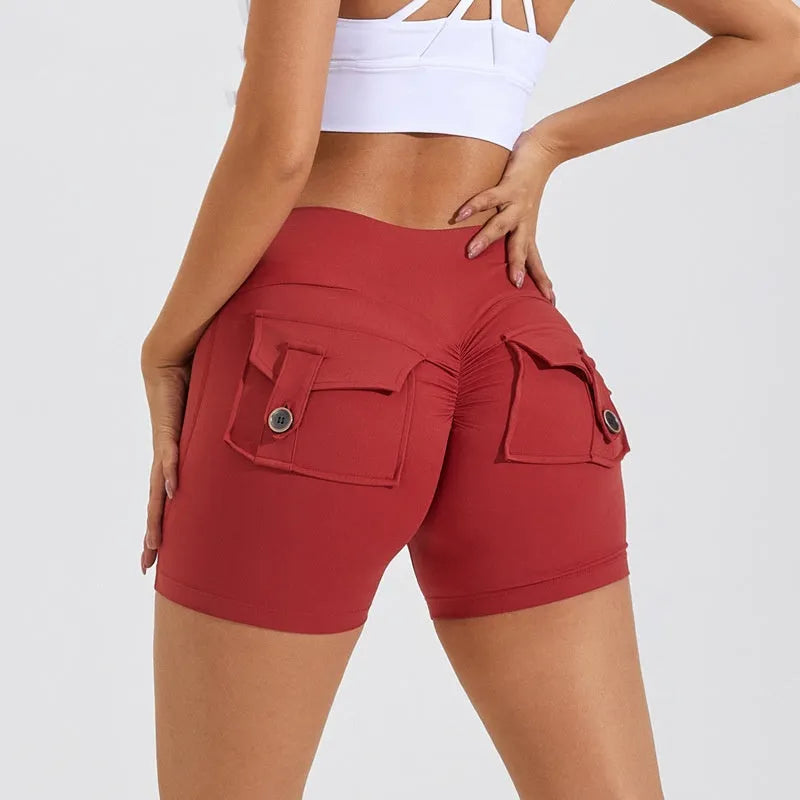 Women's high waist hip lifting shorts with side pockets in quick-dry nylon fabric