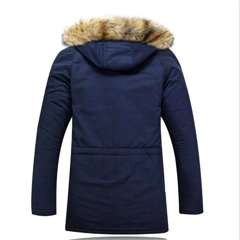 Men's cotton winter jacket with fur collar and hood in army green
