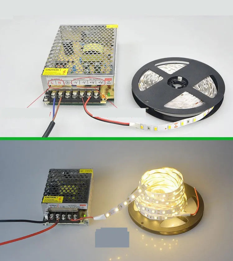 Flexible white LED light strip bent to shape, labelled as 2835 or 5050 style for supermarket shelf installation.