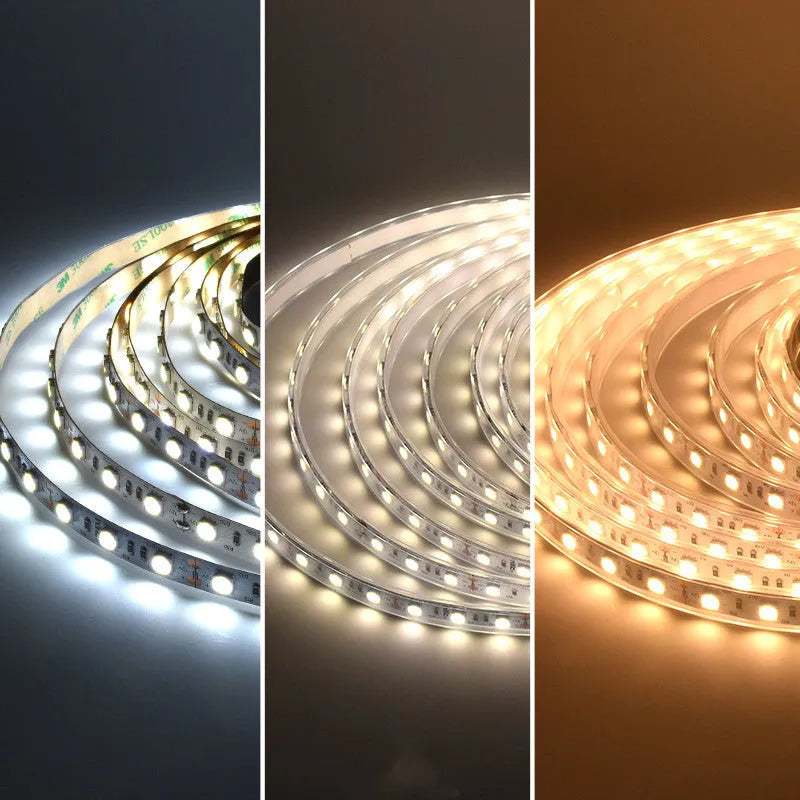 Flexible white LED light strip bent to shape, labelled as 2835 or 5050 style for supermarket shelf installation.