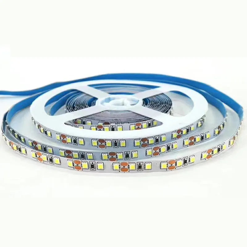 Flexible white LED light strip bent to shape, labelled as 2835 or 5050 style for supermarket shelf installation.