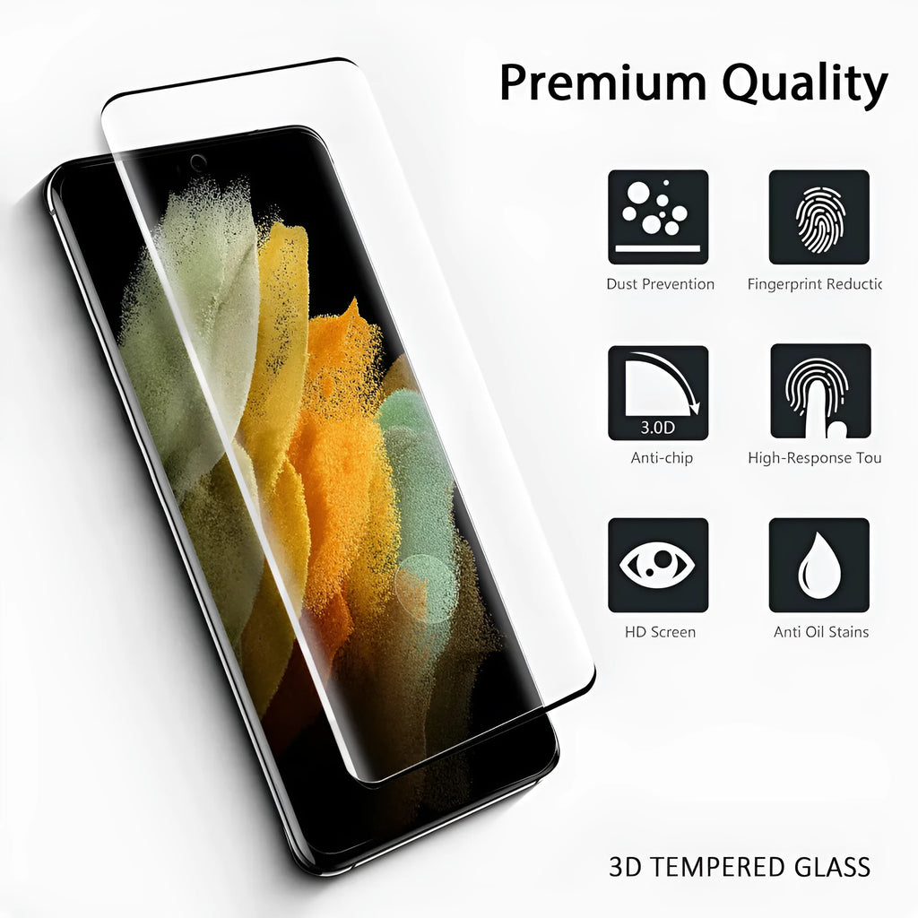 Samsung Galaxy S21 Ultra 3D curved tempered glass screen protector showing full coverage.