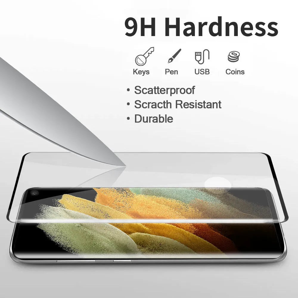 Samsung Galaxy S21 Ultra 3D curved tempered glass screen protector showing full coverage.