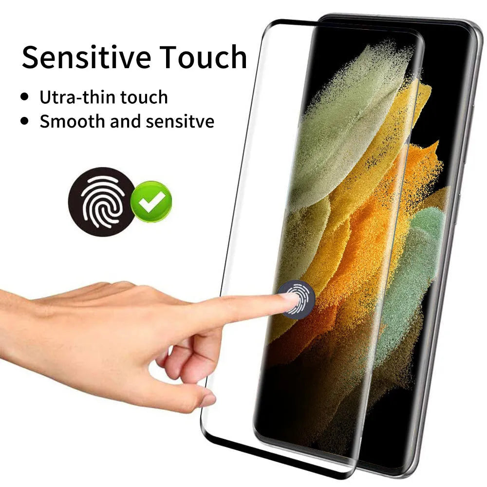 Samsung Galaxy S21 Ultra 3D curved tempered glass screen protector showing full coverage.