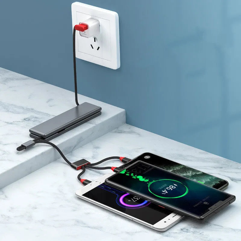 Compact black portable charger with three USB ports for iPhone, Type-C and Micro USB devices