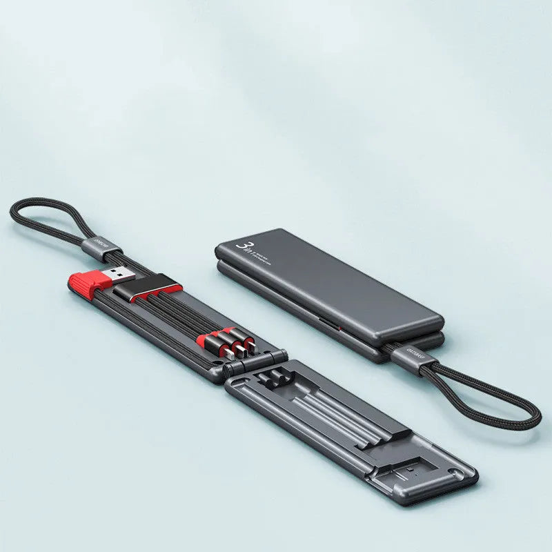 Compact black portable charger with three USB ports for iPhone, Type-C and Micro USB devices