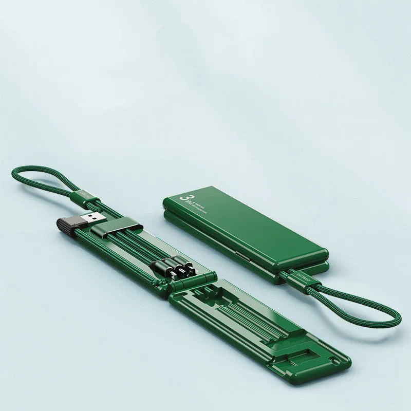 Compact black portable charger with three USB ports for iPhone, Type-C and Micro USB devices
