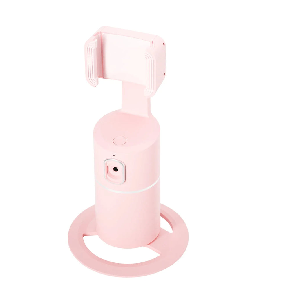 Smart tracking gimbal stabiliser with clip installation for smartphones showing 360-degree rotation