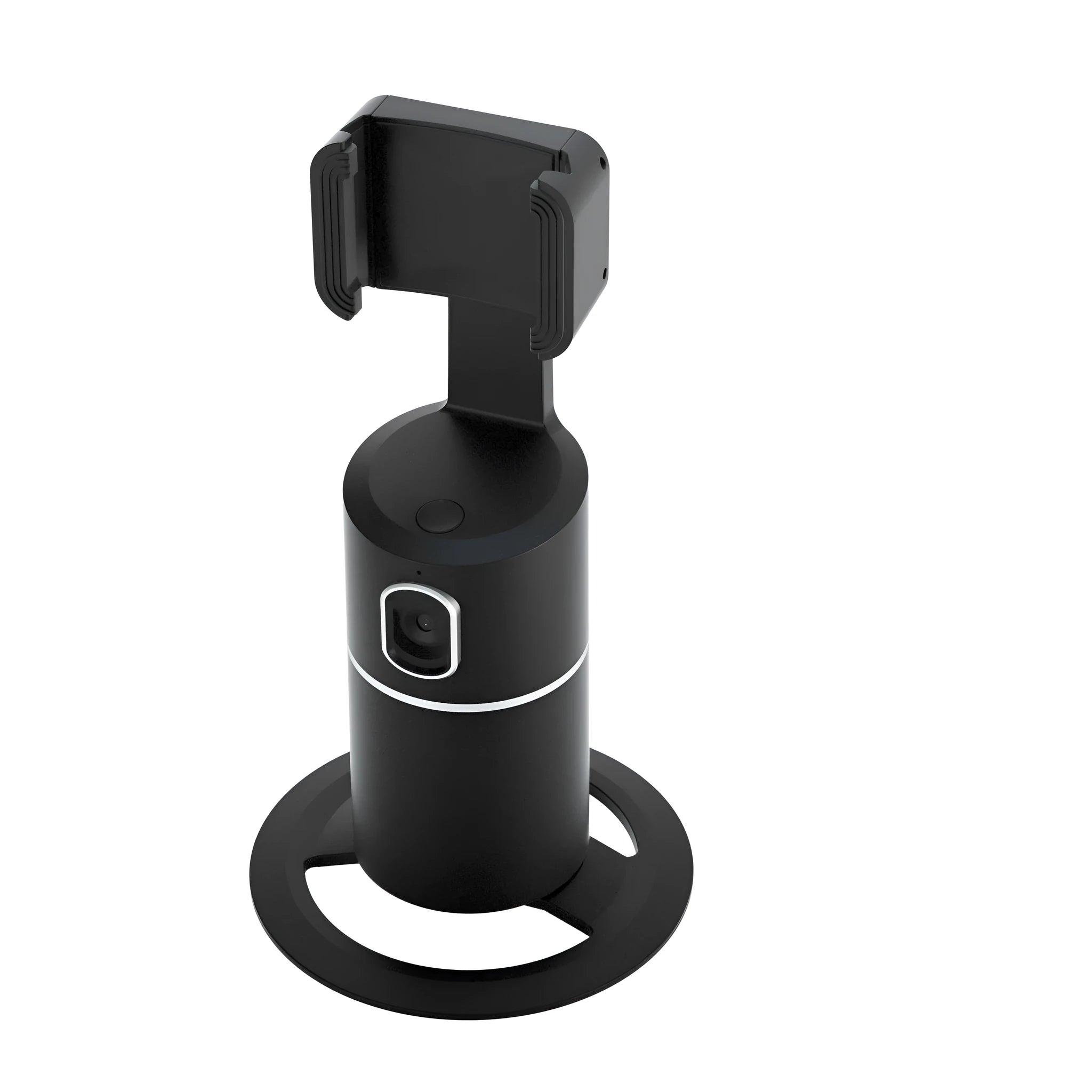 Smart tracking gimbal stabiliser with clip installation for smartphones showing 360-degree rotation