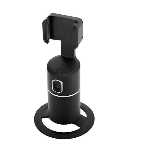 Smart tracking gimbal stabiliser with clip installation for smartphones showing 360-degree rotation