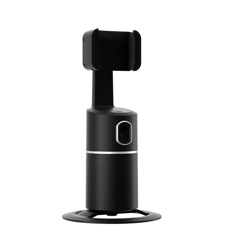 Smart tracking gimbal stabiliser with clip installation for smartphones showing 360-degree rotation
