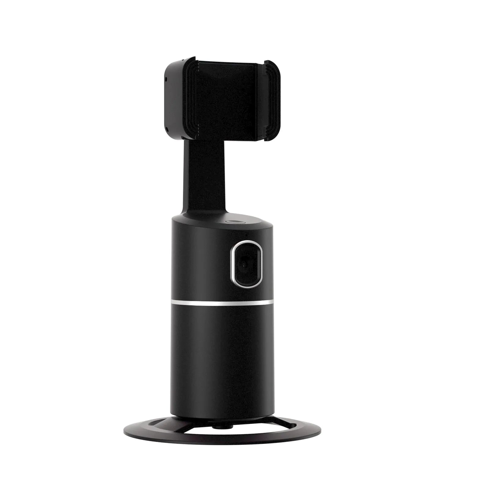 Smart tracking gimbal stabiliser with clip installation for smartphones showing 360-degree rotation