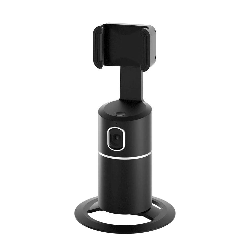 Smart tracking gimbal stabiliser with clip installation for smartphones showing 360-degree rotation