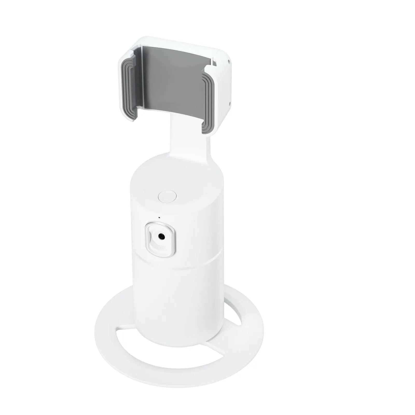 Smart tracking gimbal stabiliser with clip installation for smartphones showing 360-degree rotation