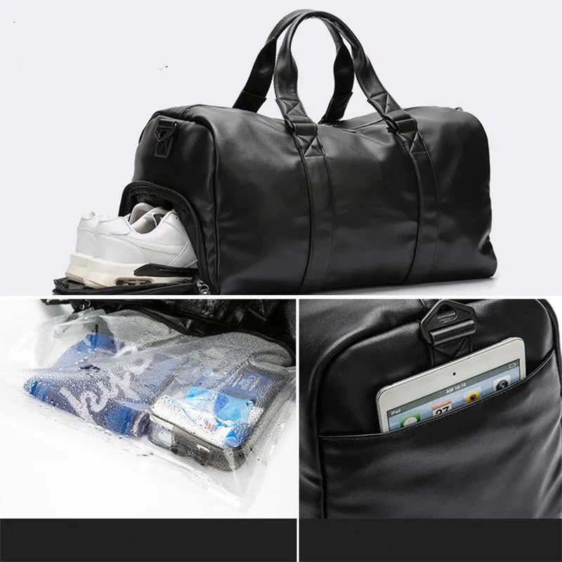 Large black PU leather sports training bag with a shoulder strap, shown with internal organiser pockets for a laptop and camera.