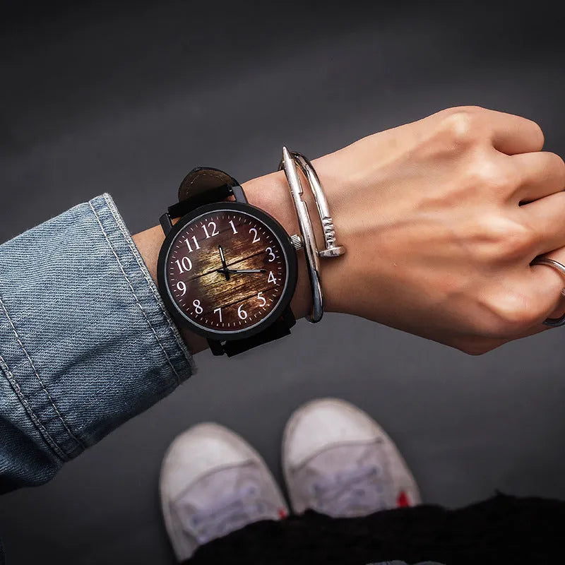 Shuxia women's quartz watch with large round 42mm dial and brown imitation leather strap on white background