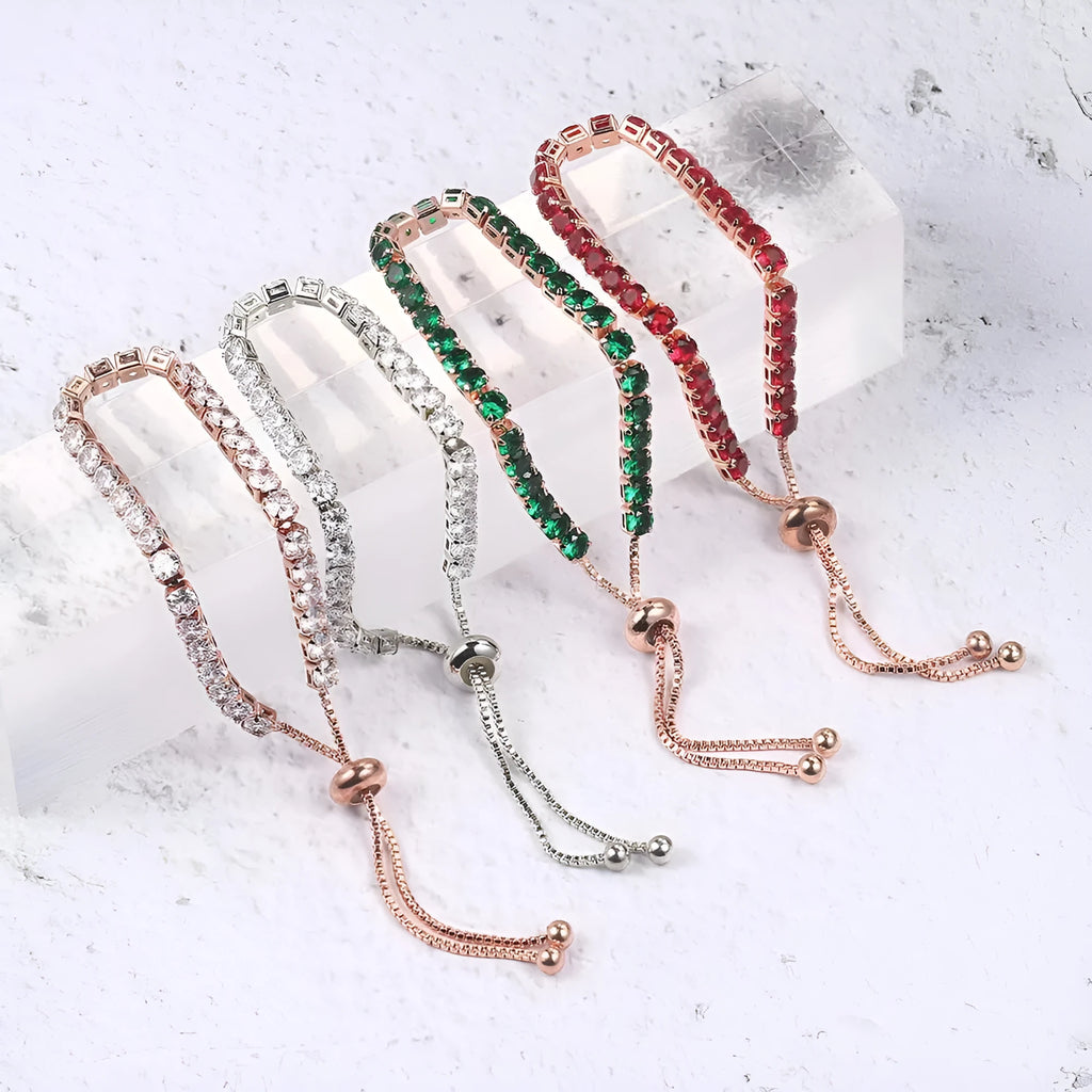 Round zircon single row tennis bracelet in copper with inlaid white stones, rose gold tone