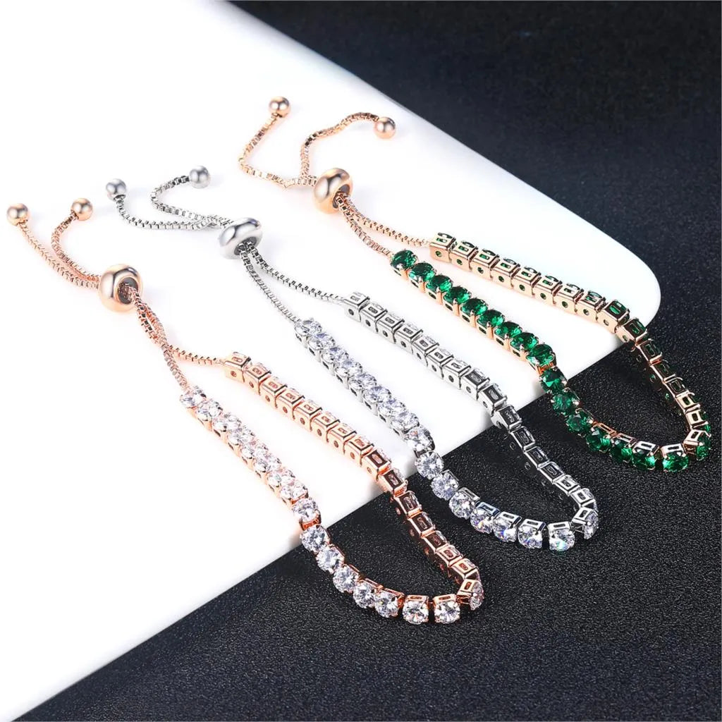 Round zircon single row tennis bracelet in copper with inlaid white stones, rose gold tone