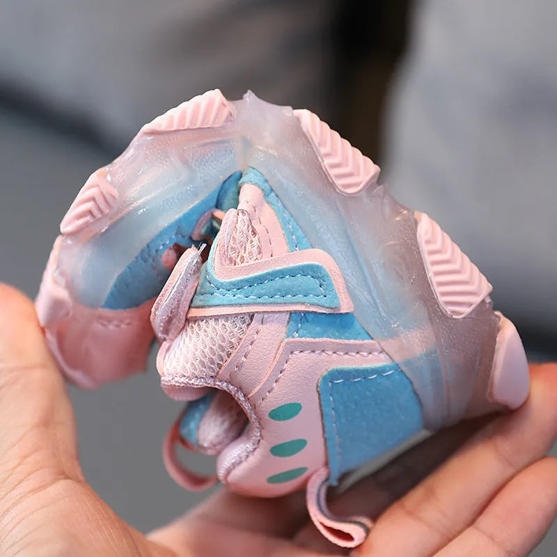 Kids sneakers with mesh upper and Velcro straps in black, grey or pink colours