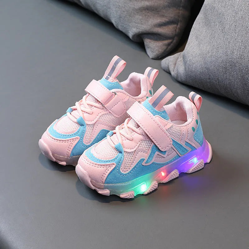 Kids sneakers with mesh upper and Velcro straps in black, grey or pink colours